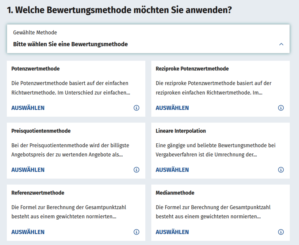 Preisleistungsgewichtungscheck Schritt 1: Bewertungsmethode wählen Preisleistungsgewichtungscheck Schritt 1: Bewertungsmethode wählen